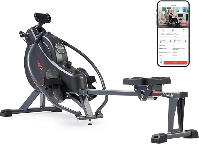 Sunny Health & Fitness Magnetic Rowing Machine with 53.4" Extended Slide Rail, Full-Body Workout, Low-Impact, Ergonomic Full Motion or Premium Water Motion and Optional Exclusive SunnyFit App