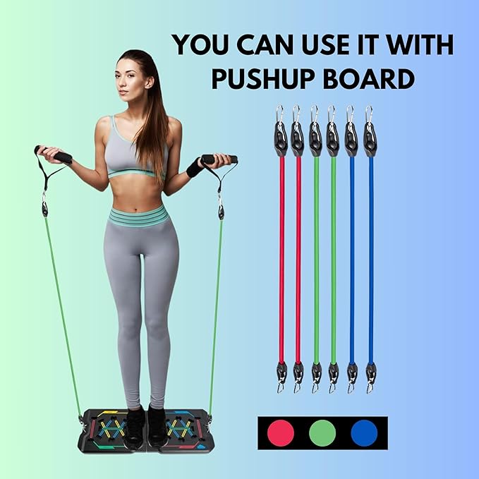 BlueClouds Push Up Board and Pilates Bar Kit - Color Coded Foldable Pushup Board Fitness Tool - Reinforced Aluminum Resistance Band Bar - At Home Gym Accessories for Men and Women - Portable Gym