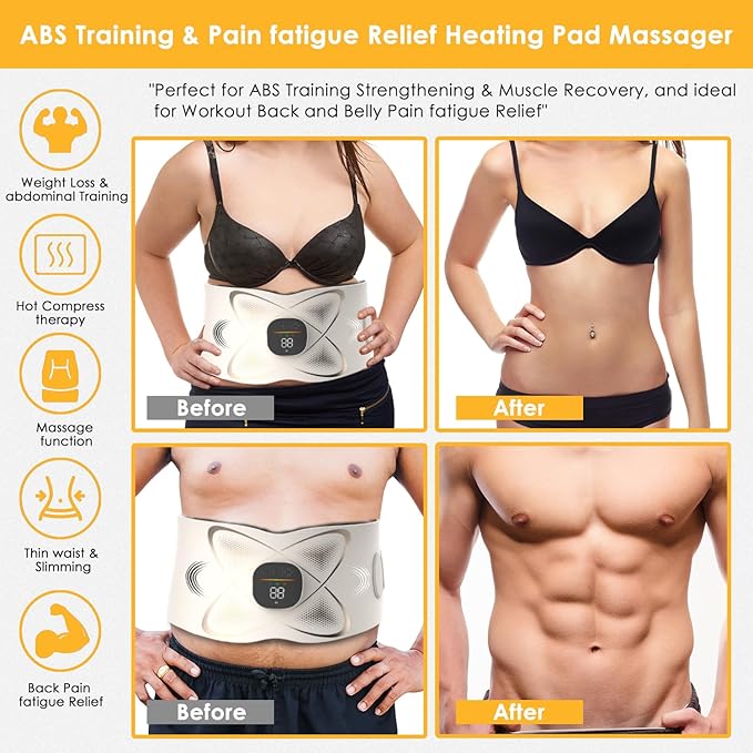 Portable Abdominal Training Belt with Heating Pad, Cordless Heated Waist Massager for Back Pain Relief, AB Trainer Fitness Workout Equipment for Abdomen, Belly, Back, Women, Men Gifts