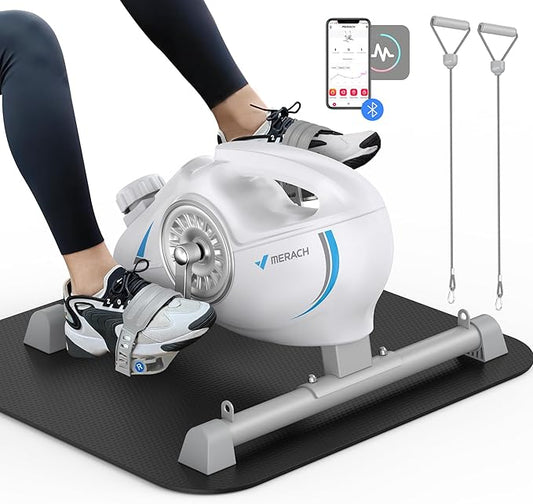 Under Desk Bike Pedal Exerciser, Quiet Magnetic Mini Exercise Bike with MERACH App for Arm, Leg Recovery, Physical Therapy, Smooth Foot Desk Cycle with 2 Resistance Bands & Non-Slip Mat