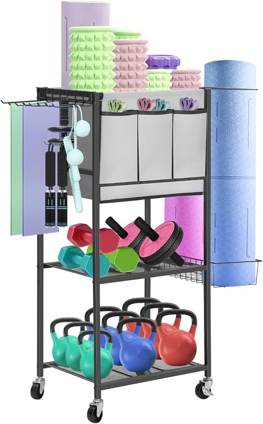 Weight Storage Rack for Home Gym, Weight Rack for Dumbbells with Fabric Bin and Wheels, Equipment Organizer Yoga Mat Rack for Dumbbell for Kettlebell Foam Roller Resistance Bands Strap