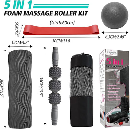 5 in 1 Foam Roller Set Muscle Massage Foam Ripple Roller for Deep Tissue Massage of The Back and Leg Muscles, Relieves Muscle Pain & Tightness, Improves Mobility (Grey)