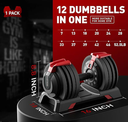 Adjustable Dumbbell, 52.5/54LBS with 12 Free Weights, 1-Sec Fast Adjustable, Premium Comfort Non-slip Metal Handle, Compact Size for Full Body Home Workout (Single)