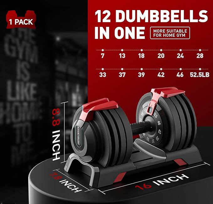 Adjustable Dumbbell, 52.5/54LBS with 12 Free Weights, 1-Sec Fast Adjustable, Premium Comfort Non-slip Metal Handle, Compact Size for Full Body Home Workout (Single)