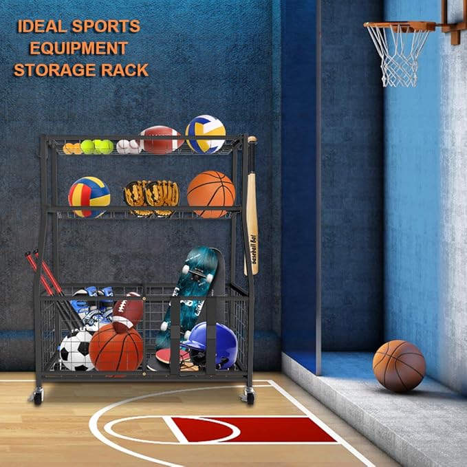 Uboway Garage Organizers and Storage - Sports Equipment Organizer with Basket and Hooks, Toys Storage Organizer, Ball Storage Rack for Basketball,Tennis Ball, Volleyball, Football, Baseball, Black