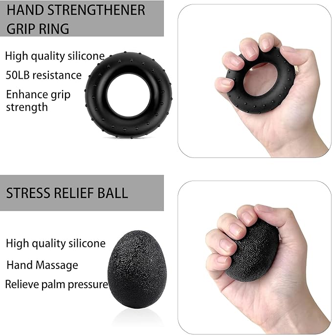 Grip Strength Trainer Kit (5 Pack) with Finger Exerciser, Hand Grip Strengthener, Hand Extension Exerciser, Stress Relief Ball and Forearm Workout Ring