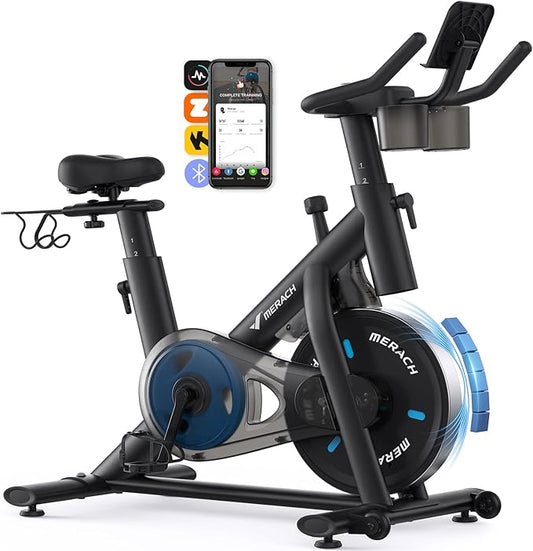 MERACH Exercise Bike, Brake Pad/Magnetic Stationary Bike with Exclusive App, Low Noise Indoor Cycling Bike with 270lbs Weight Capacity, Dumbbell Rack and Free Fitness Courses