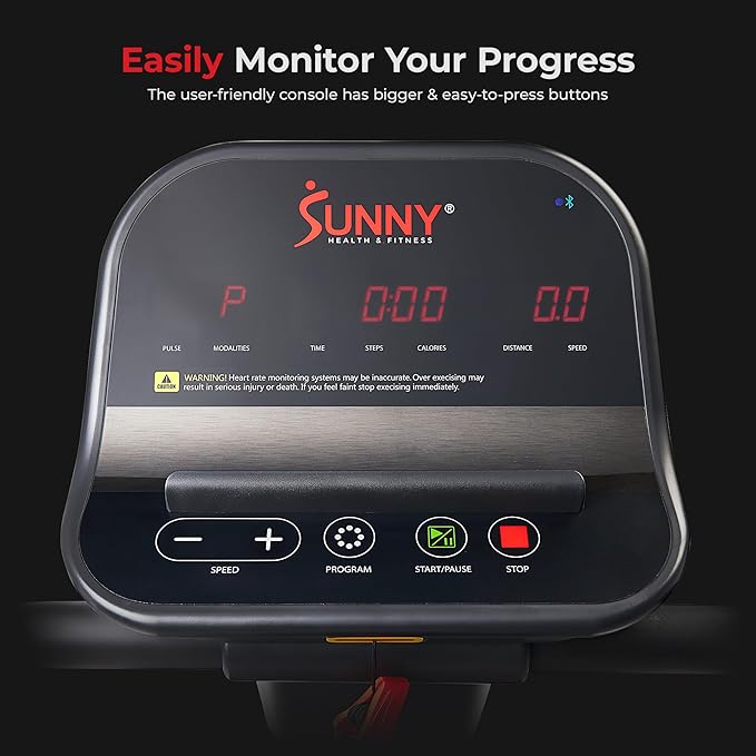 Sunny Health & Fitness Endurance Cardio Running Walking Treadmill with Extended Safety Handrails, Low-Impact, Low Wide Deck and SunnyFit® App Enhanced Bluetooth Connectivity SF-T722062