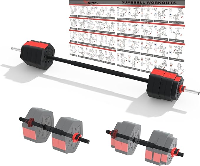 VIVITORY Barbell Weight Set, Adjustable Dumbbells 55/66/88 lb with Two bars, Exercise Fitness Free Weights Lifting for Home Gym