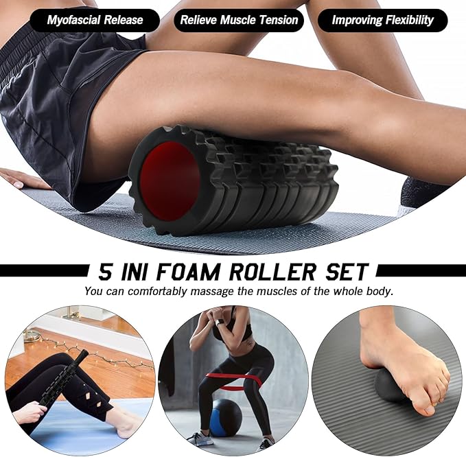 5 in 1 Foam Roller Set High Density Foam Roller Patented, Massage Stick, Massage Ball, Resistance Band for Deep Muscle Massage Pilates Yoga, Fitness for Trigger Point Release