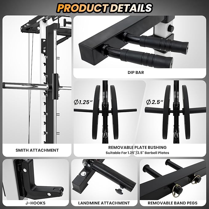 Power Cage with SmithBar, 2000 Lbs Power Rack with Cable Cross-Over System, Multi-Functional Strength Training Squat Rack with LAT Pull Down System, Weight Cage Home Gym Equipment