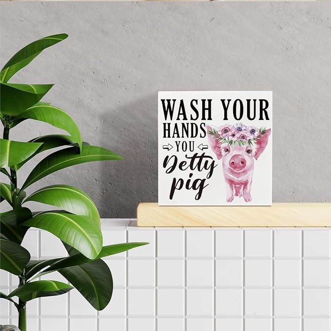 Bathroom Decor Sign - Wash Your Hands You Detty Pig, Box Sign Tabletop Decor, Funny Washroom Sign, White Box Sign Decor, Table Decoration, Washroom Decor Art, Bathroom Humor, Bathroom Decor for Shelf