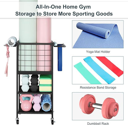 ETELI Weight Rack for Home Gym Dumbbells Yoga Mat Storage Rack Cart Small Metal Wood Home Gym Workout Equipment Storage with Hooks for Yoga Block Foam Rollers Resistance Bands