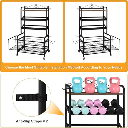 ETELI Home Gym Storage Rack Weight Holder Rack for Dumbbells Garage Sports Equipment Organizer for Yoga Mat Kettlebells and Strength Training Fitness Equipment with Hooks, Wheels