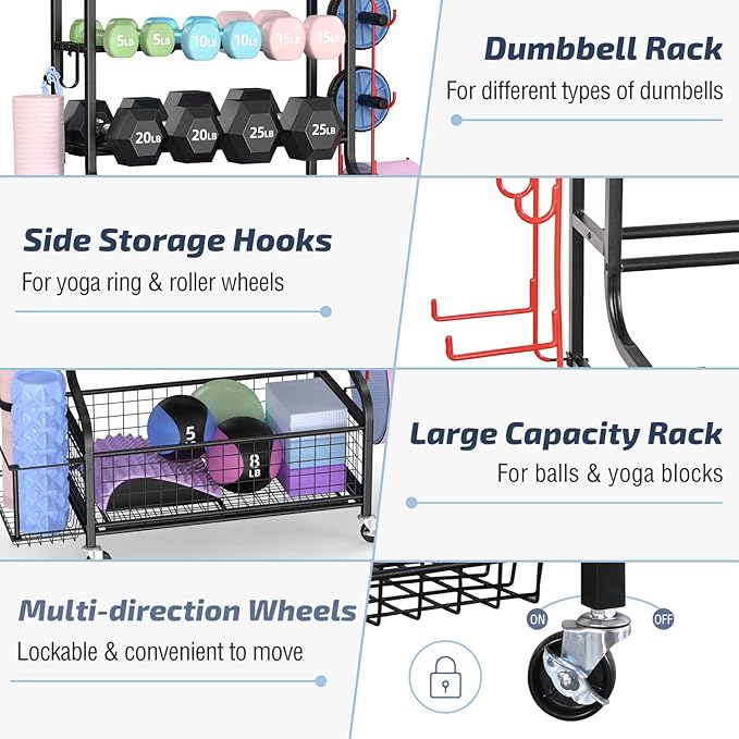 PLKOW Dumbbell Rack, Weight Rack for Dumbbells, Home Gym Storage for Dumbbells Kettlebells Yoga Mat and Balls, All in One Workout Storage with Wheels and Hooks, Powder Coated Finish Steel