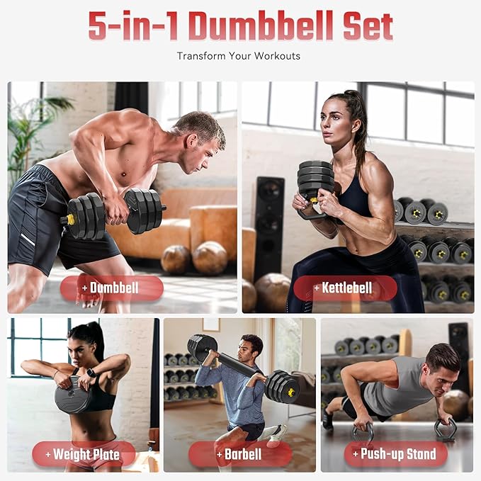 FEIERDUN Adjustable Dumbbells, 20/30/40/50/60/70/90lbs Free Weight Set with Connector, 4 in1 Dumbbells Set Used as Barbell, Kettlebells, Push up Stand, Fitness Exercises for Home Gym Suitable Men/Women