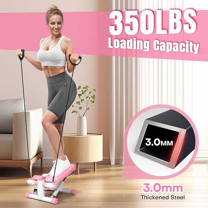 Steppers for Exercise at Home, Adjustable Resistance Stair Steppers for Women with Arm Training Bands, 10DB Super Quiet Mini Steppers with 350LBS Loading Bearing Home Fitness Equipment