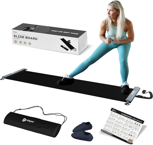 LifePro Exercise Slide Board - Sliding Mat for Endurance and Strength Building Workouts - Hockey, Skating, and Core Training Equipment with Booties