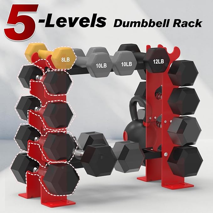 Dumbbell Rack Stand Only, Weight Rack for Dumbbells Strength Training Dumbbell Racks Red and Black 5 Tier 450LBS Capacity Weight Rack for Home Gym Weight Storage Organizer Racks, Suitable for 8-30 LBS