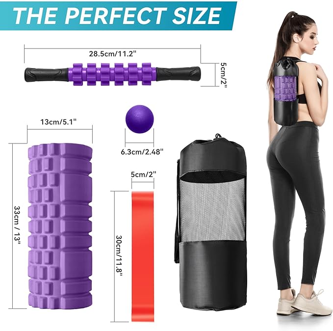 5 in1 Foam Roller Set, High Density Deep Tissue Massager for Muscle Massage, Massage Roller, Massage Ball, Resistance Band for Whole Body Physical Therapy Deep Muscle Massage (Purple)