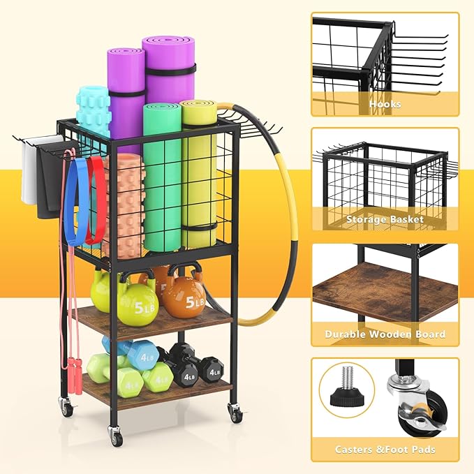 Weight Rack for Home Gym, Workout Equipment Storage Organizer, Home Gym Yoga Mat Storage Rack, Weight Storage Racks with Hooks, Yoga Mat Holder with Wheels for Yoga Block, Dumbbell, Resistance Band