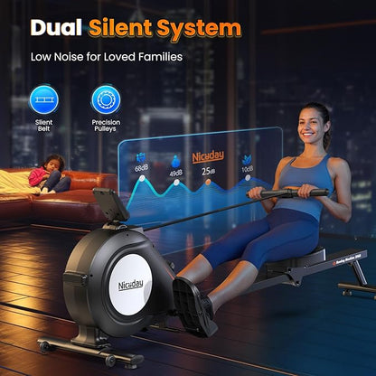 Niceday Magnetic Rowing Machine, Quiet Rowing Machines for Home with 350lb Weight Capacity, 16 Levels Adjustable Resistance, Foldable Rower with Tablet Holder, Bluetooth&App Compatible