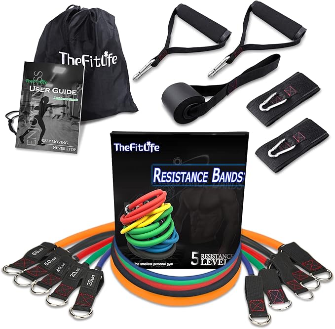 TheFitLife Exercise Resistance Bands with Handles - 5 Fitness Workout Bands Stackable up to 110/150/200/250/300 lbs, Training Tubes with Large Handles, Ankle Straps, Door Anchor, Carry Bag