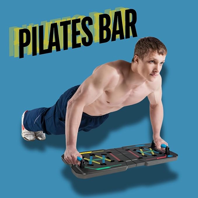 BlueClouds Push Up Board and Pilates Bar Kit - Color Coded Foldable Pushup Board Fitness Tool - Reinforced Aluminum Resistance Band Bar - At Home Gym Accessories for Men and Women - Portable Gym