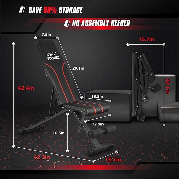 FLYBIRD Adjustable Bench,Utility Weight Bench for Full Body Workout- Multi-Purpose Foldable Incline Bench (Black)