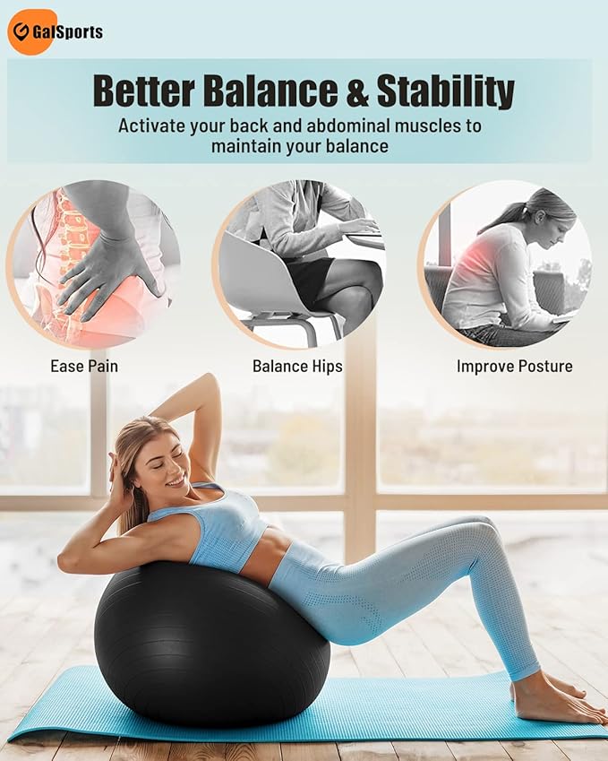 GalSports Yoga Ball Exercise Ball for Working Out, Anti-Burst and Slip Resistant Stability Ball, Swiss Ball for Physical Therapy, Balance Ball Chair, Home Gym Fitness