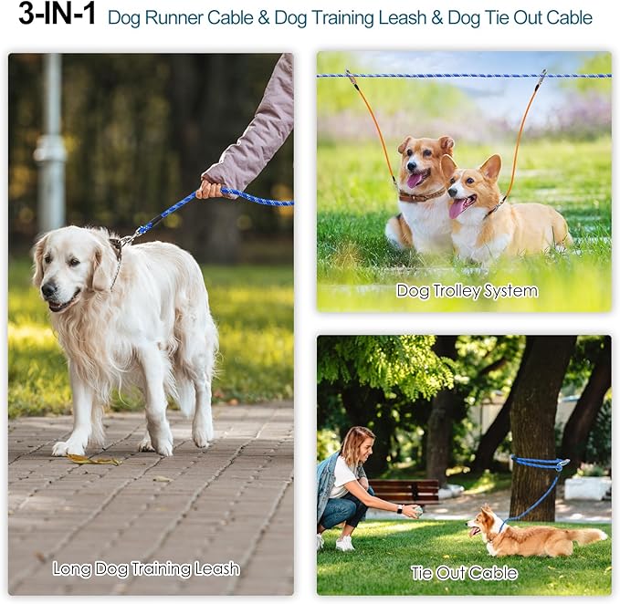 Snagle Paw 150FT Dog Runner for Outside 3 in 1, Long Dog Training Leash with Handle for Small Medium Large Dogs, Reflective Rope Dog Tie Out Cable for Yard,Park,Camping (Blue for 2 Dogs)