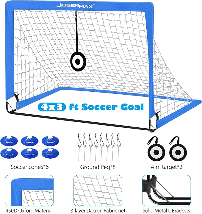 Portable Kids Soccer Goal, Pop Up Goal Nets with Led Lights,Set of 2, with Agility Training Cones, Carry Case Gift for Kids Teen Boy & Adults Size 4‘X3’(Blue)