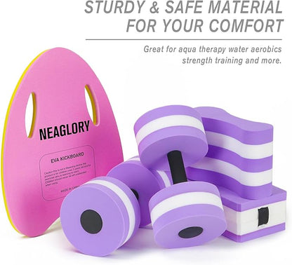 NEAGLORY 5 Pieces Water Aerobics Set Aquatic Exercise Set Pool Fitness Equipment Foam Water Dumbbell, Swim Kickboard, Pull Buoy, Aquatic Swim Belt for Water Exercise