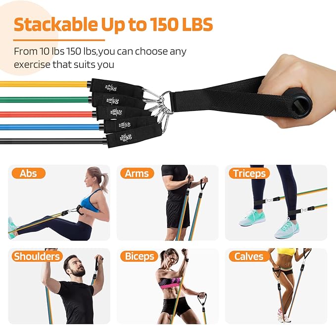 Resistance Bands Set for Men & Women(11Pcs),Strength Training Fitness Tubes Tension Bands with Handle,Ankle Straps, Door Anchor, Carry Bag,Exercise Band Set 150lbs,Home Workouts