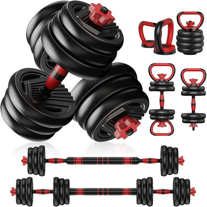 Adjustable Dumbbell Set - Free Weights Set with Connector - 4 in1 Weights Dumbbells Set Used as Barbell, Kettlebells, Push up Stand - Fitness Exercises for Home Gym Exercises