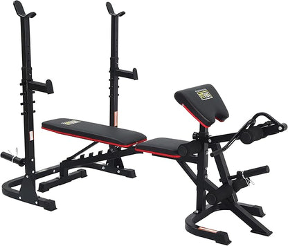 Signature Fitness Multifunctional Workout Station Adjustable Workout Bench with Squat Rack, Leg Extension, Preacher Curl, and Weight Storage, 800-Pound Capacity