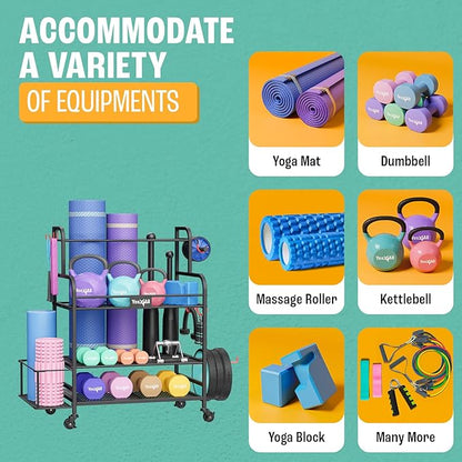 Yes4All All-in-1 Home Gym Storage Rack, Exercise Equipment Organizer - Yoga Mat, Foam Roller, Dumbbells Kettlebells and Weight Rack for Home Gym, Workout Organization Cart with Hooks and Casters