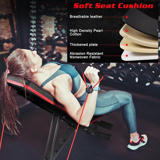 Adjustable Weight Bench Foldable, 660 Lb Stable Workout Benches for Home, 3 Sec Fast Folding with Resistance Rope, Total Body Strength Training, Multifunctional Fitness Bench