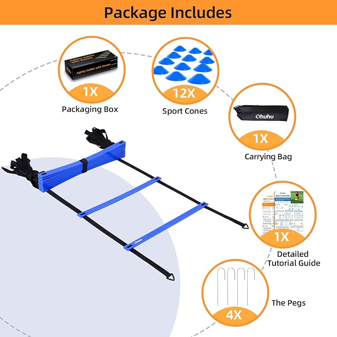Agility Ladder Speed Training Set: Ohuhu 12 Rung 20ft Soccer 12 Cones, 4 Steel