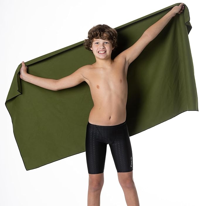 Flow Hydro Sport Towel - Microfiber Quick Dry Swimming Towels for Swim, Pool, Triathlon, and Other Water Sports in Medium, Large, Extra Large, and Hooded Sizes (Army Green, Large w/Hood)