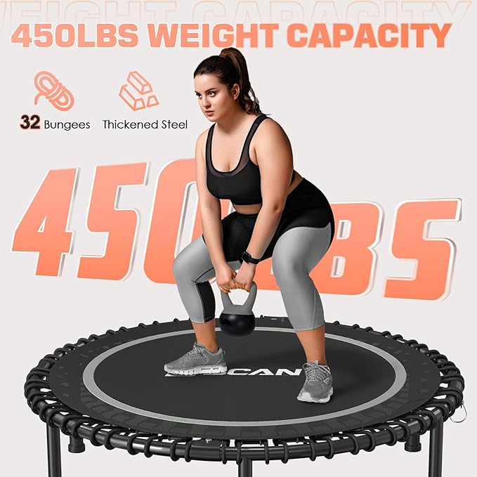 BCAN 450/550 LBS Foldable Mini Trampoline, 40"/48"/50" Fitness Trampoline with Bungees, U/T Shape Adjustable Foam Handle, Stable & Quiet Exercise Rebounder for Kids Adults Indoor/Garden Workout