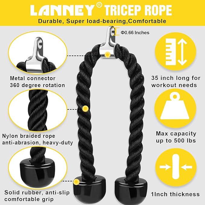 Tricep Rope Cable Machine Attachment, 35" Triceps Pull Down Rope LAT Pulldown Attachments, Home Gym Accessories Set with Resistance Bands Handle, Ankle Straps, Carabiner, Wrist Wraps for Exercise