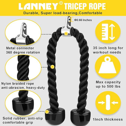 Tricep Rope Cable Machine Attachment, 35" Triceps Pull Down Rope LAT Pulldown Attachments, Home Gym Accessories Set with Resistance Bands Handle, Ankle Straps, Carabiner, Wrist Wraps for Exercise