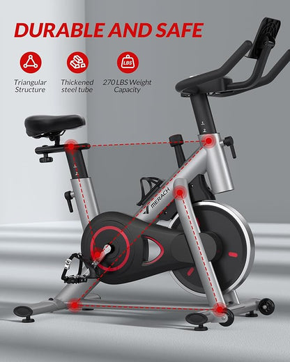 MERACH Exercise Bike, Brake Pad/Magnetic Stationary Bike with Exclusive App, Low Noise Indoor Cycling Bike with 270lbs Weight Capacity, Dumbbell Rack and Free Fitness Courses