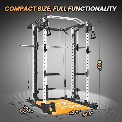 Power Cage with SmithBar, 2000 Lbs Power Rack with Cable Cross-Over System, Multi-Functional Strength Training Squat Rack with LAT Pull Down System, Weight Cage Home Gym Equipment