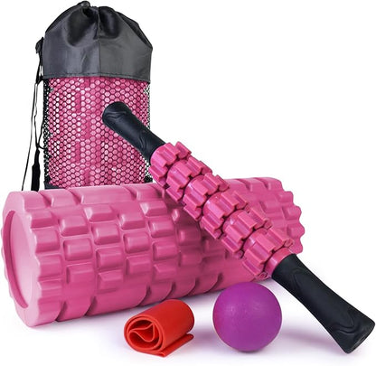 5 in 1 Foam Roller Set Trigger Point Foam Roller Patented, Massage Roller Stick, Massage Ball, Stretching Strap for Deep Muscle Massage Pilates Yoga, Fitness Exercise for Whole Body(Pink)