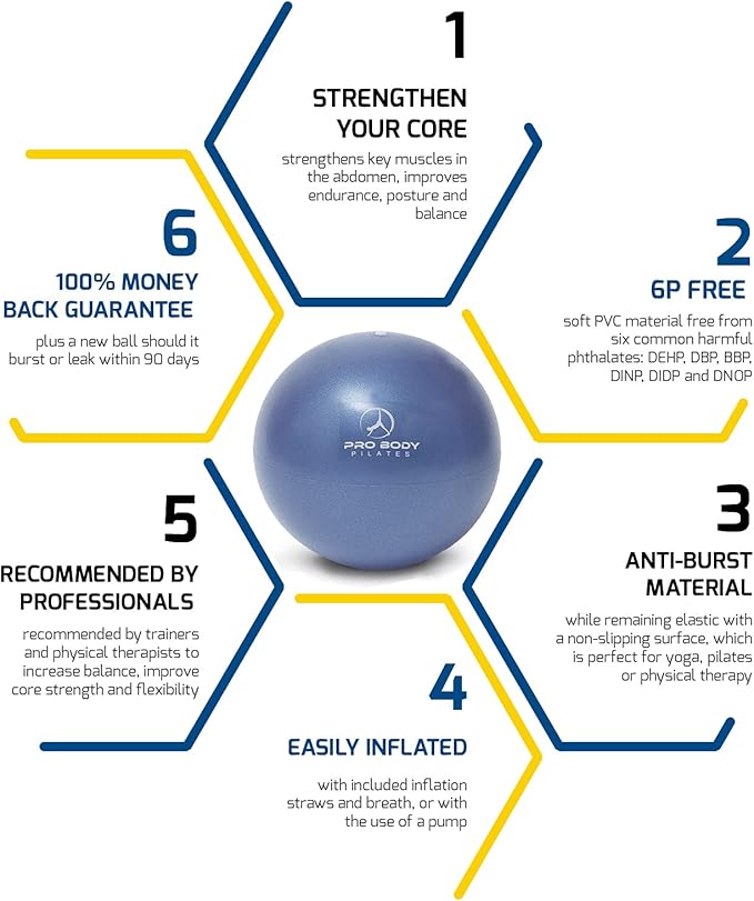 ProBody Pilates Ball Small Yoga Ball, 9 Inch Exercise Ball with Exercise Guide, Fresh Colors Mini Soft Therapy Ball Stability Ball, Excercise Workout Ball, Core Ball for Barre and Balance