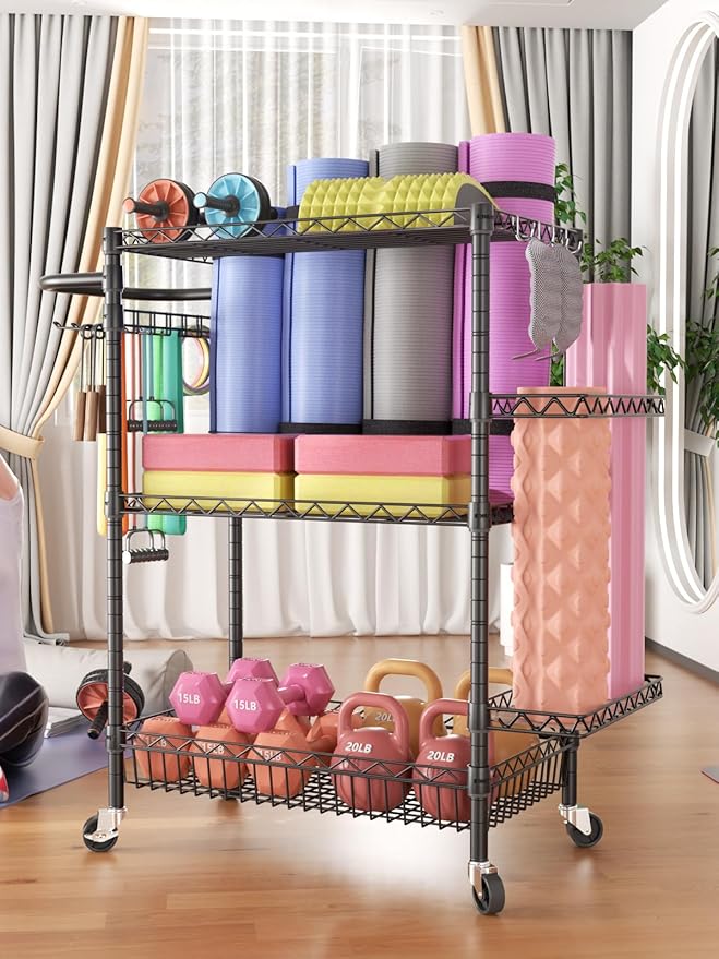 SINGAYE Dumbbell Rack, Balls Workout Equipment Storage Organizer Yoga Mat with Hooks basketball holder weight and Wheels for Organizing Workout Room, Home Gym Storage Black