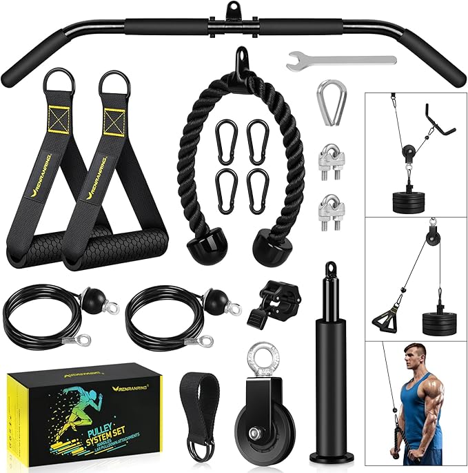 Fitness LAT and Lift Pulley System Gym - Upgraded LAT Pull Down Cable Machine Attachments, Loading Pin, Handle and Tricep Rope, for Biceps Curl, Forearm, Triceps Exercise Gym Equipment