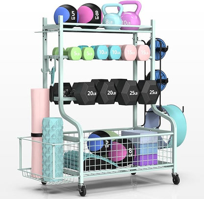 PLKOW Dumbbell Rack, Weight Rack for Dumbbells, Home Gym Storage for Dumbbells Kettlebells Yoga Mat and Balls, All in One Workout Storage with Wheels and Hooks, Powder Coated Finish Steel